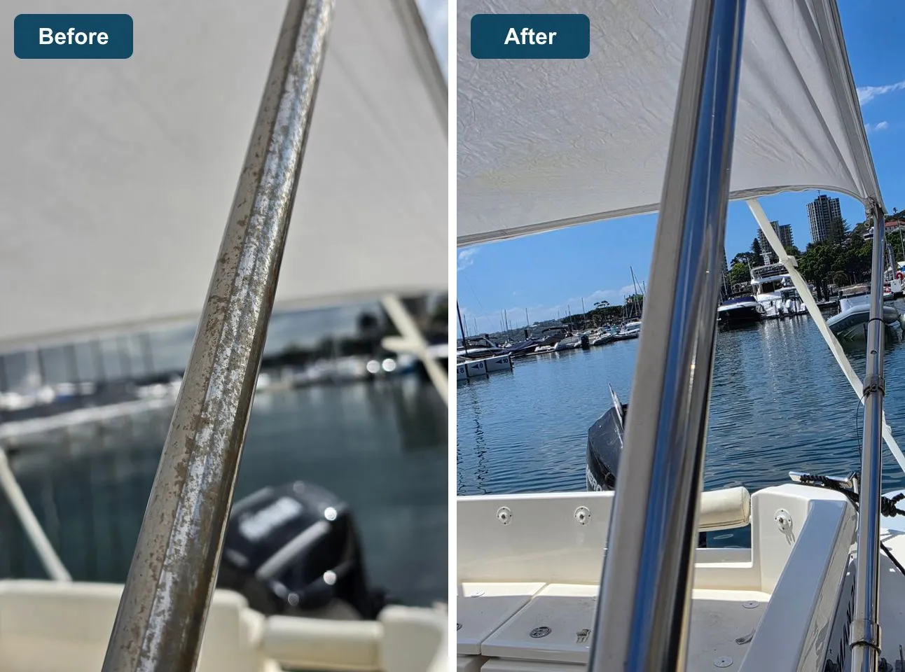 A stainless steel bimini rail on a boat with brown rust staining, and the same rail polished clean